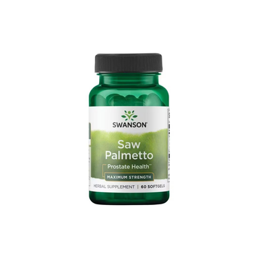 Swanson Saw Palmetto 320 mg Maximum Strength, 60 softgels, enhanced with pumpkin seed oil for prostate health, in a green bottle.